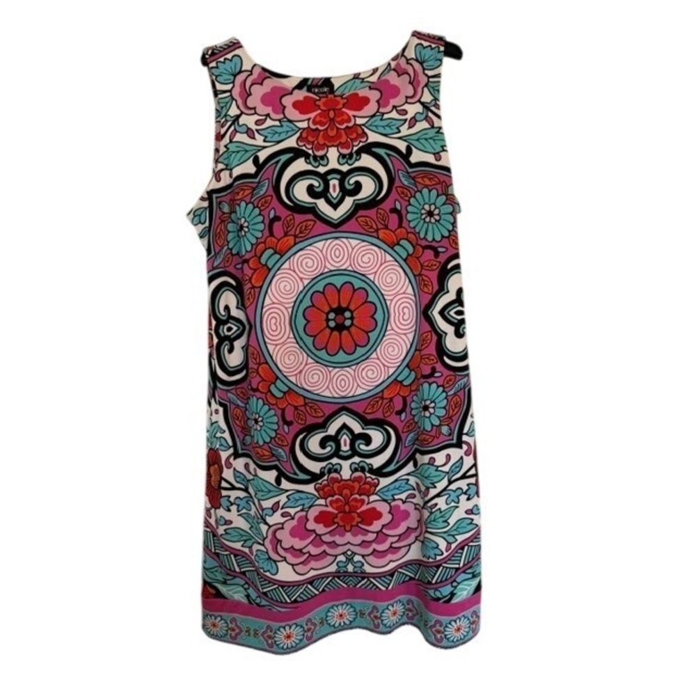 Nicole by Nicole Miller Pink Blue Floral Mandala Print Sleeveless Shift Dress L